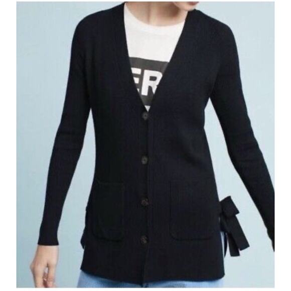Anthropologie Sweater Women's Large Moth Cardigan Black Side Tie Button Up - Picture 1 of 9